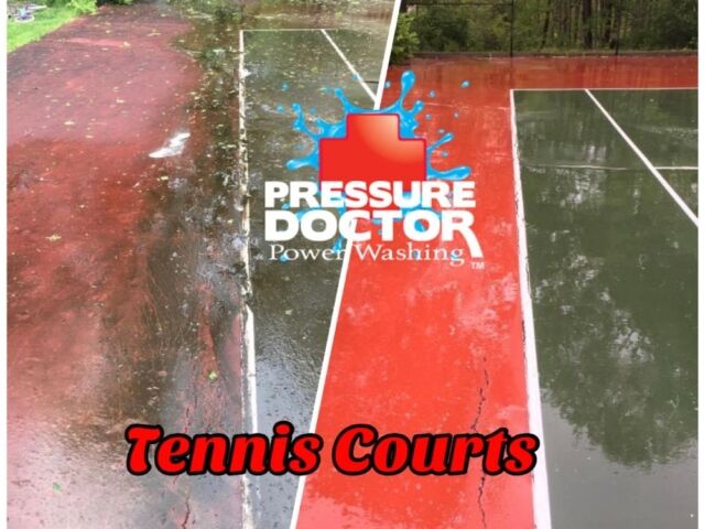 before and after red cleaned tennis court with trees and pressure doctor logo Indianapolis, IN