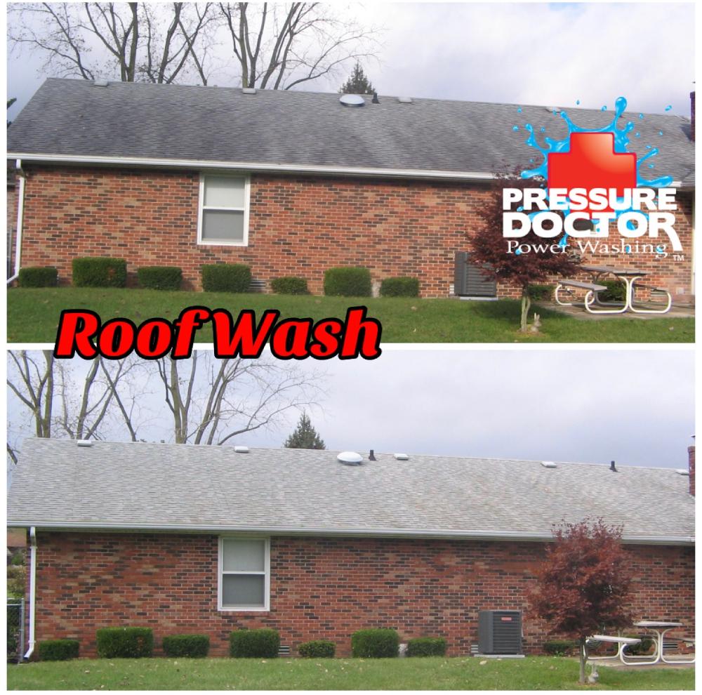 brick home with before and after pressure washed roof and pressure doctor logo