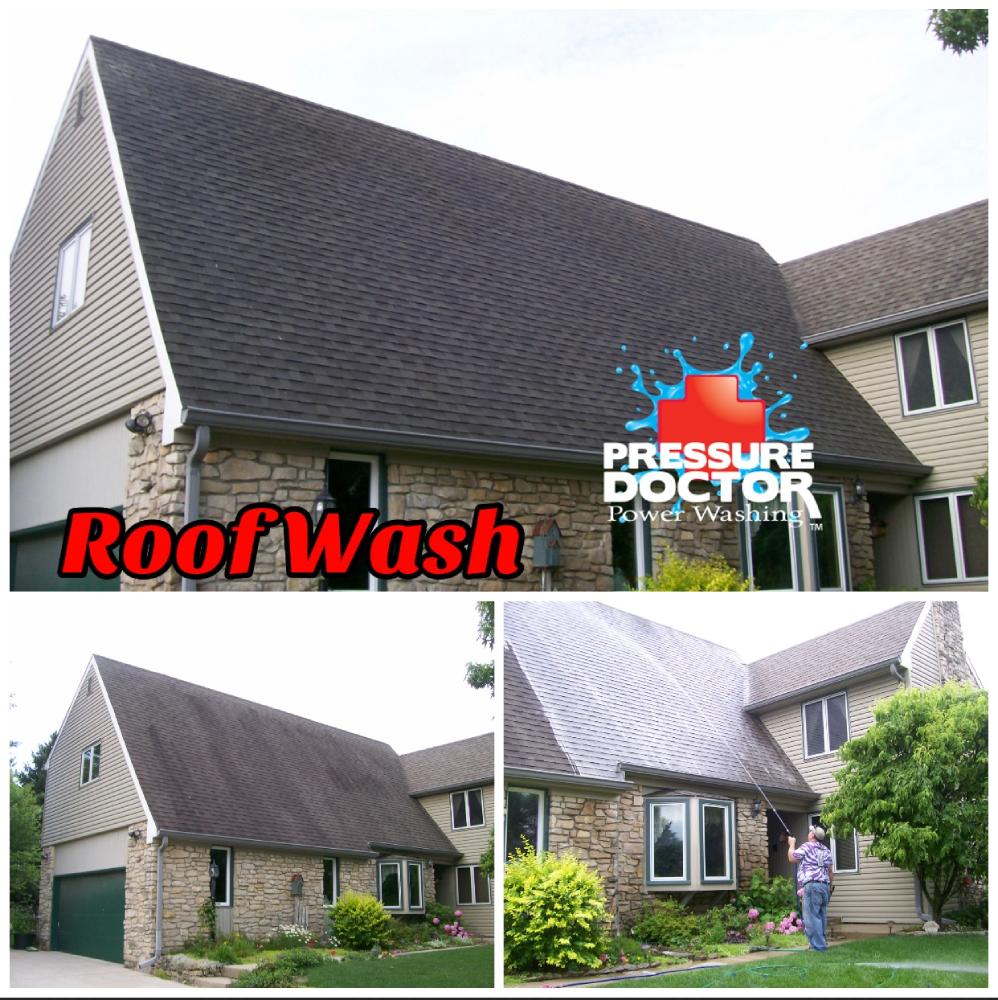 stone house with before and after roof cleaned and pressure doctor logo