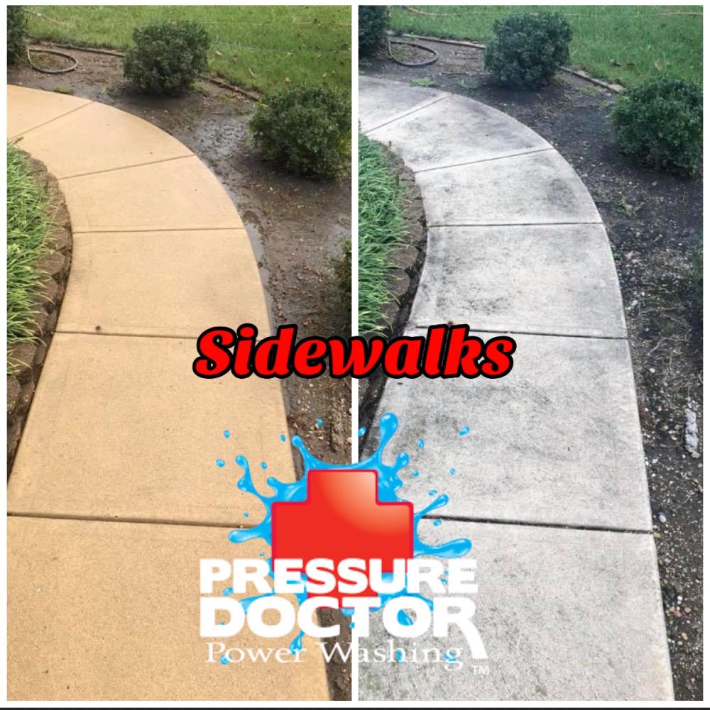 sidewalk before and after cleaning with bushes