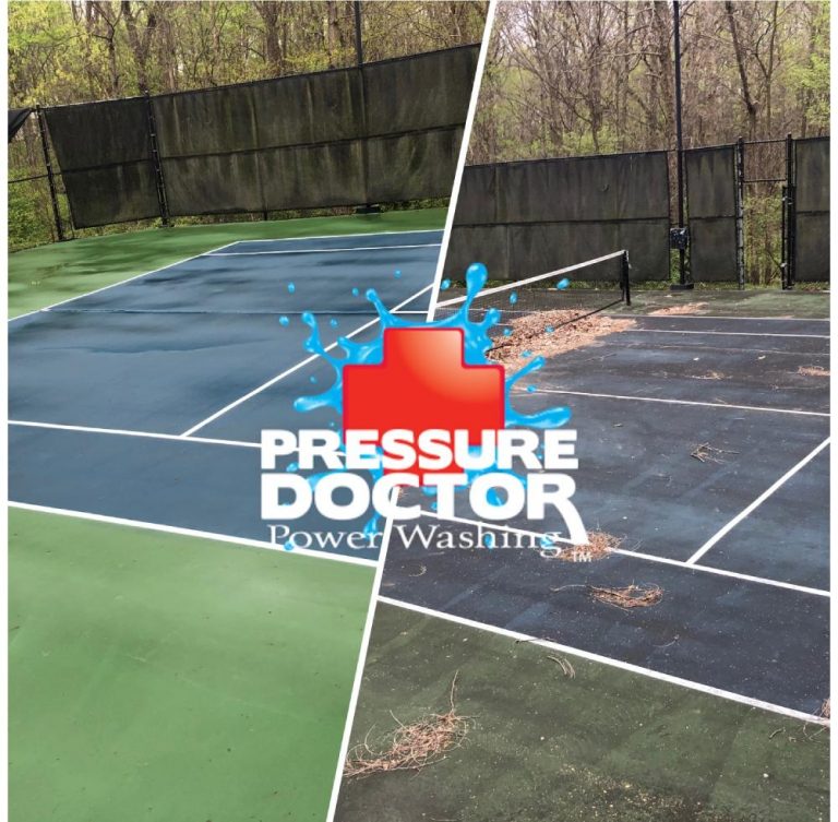 before and after cleaned green tennis court