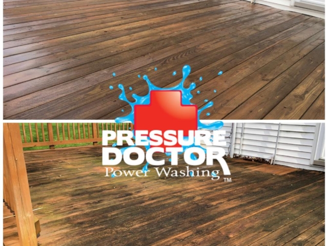 before and after wooden deck with pressure doctor logo Indianapolis, IN