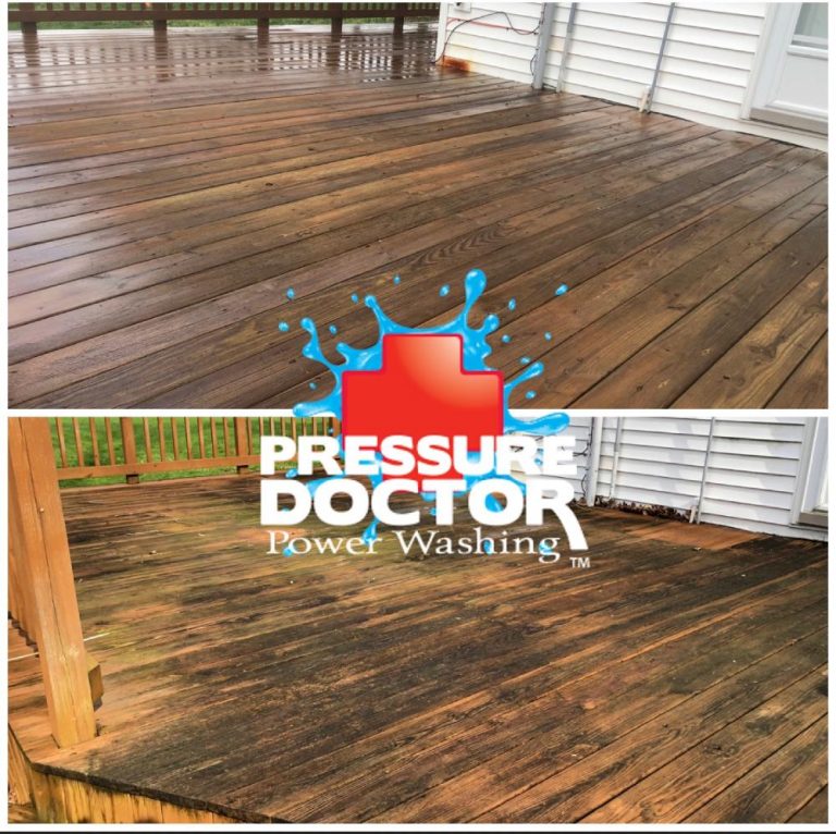 before and after wooden deck with pressure doctor logo