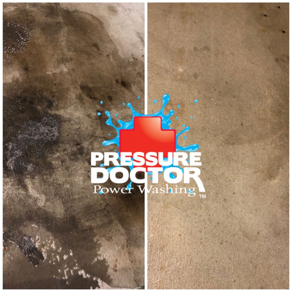 concrete before and after cleaned with pressure doctor logo
