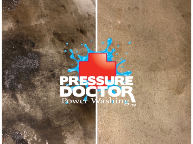 concrete before and after cleaned with pressure doctor logo Indianapolis, IN