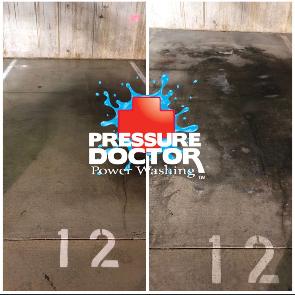 before and after cleaned numbered parking space with pressure doctor logo