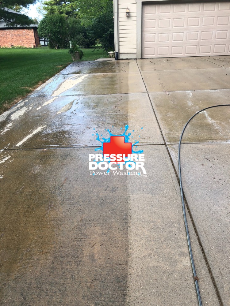 before and after clean concrete with cleaning hose