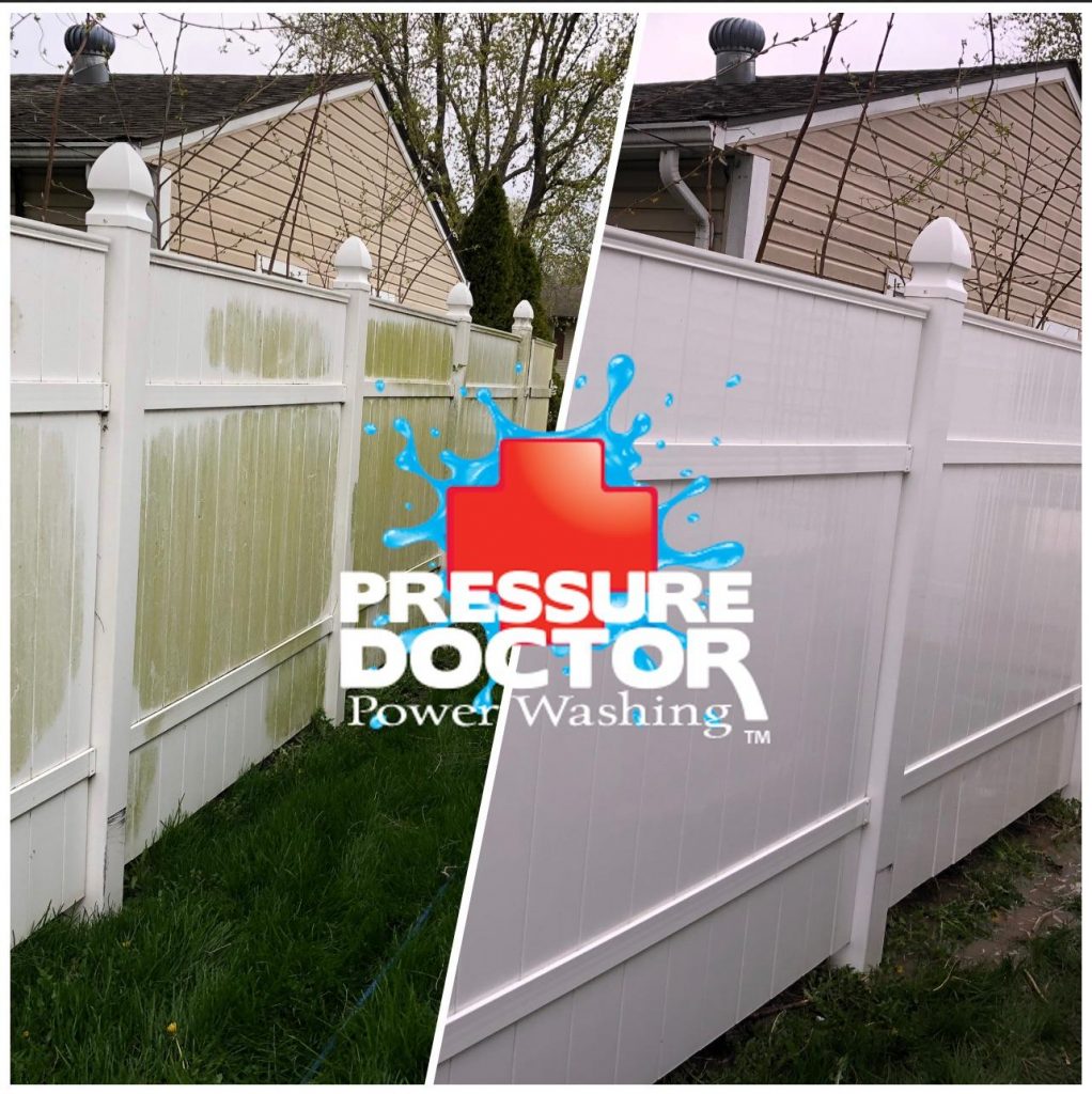 before and after white fence cleaned with pressure doctor logo