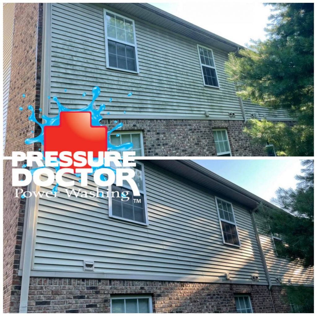 Power washing brick and white siding of house before and after cleaning Indianapolis, IN