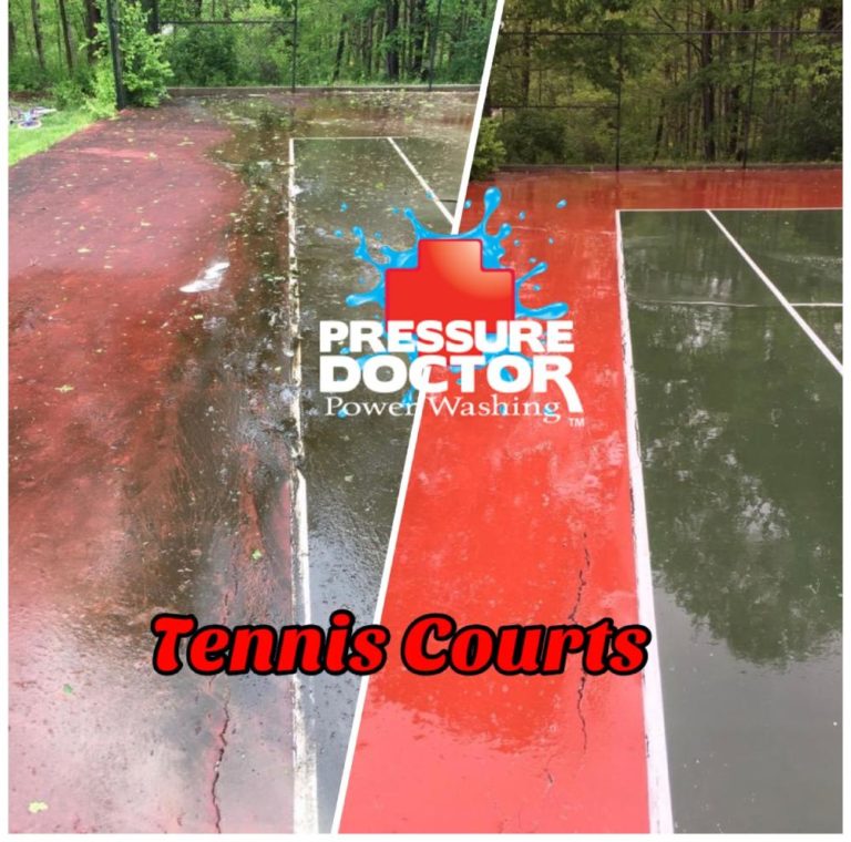 before and after red cleaned tennis court with trees and pressure doctor logo